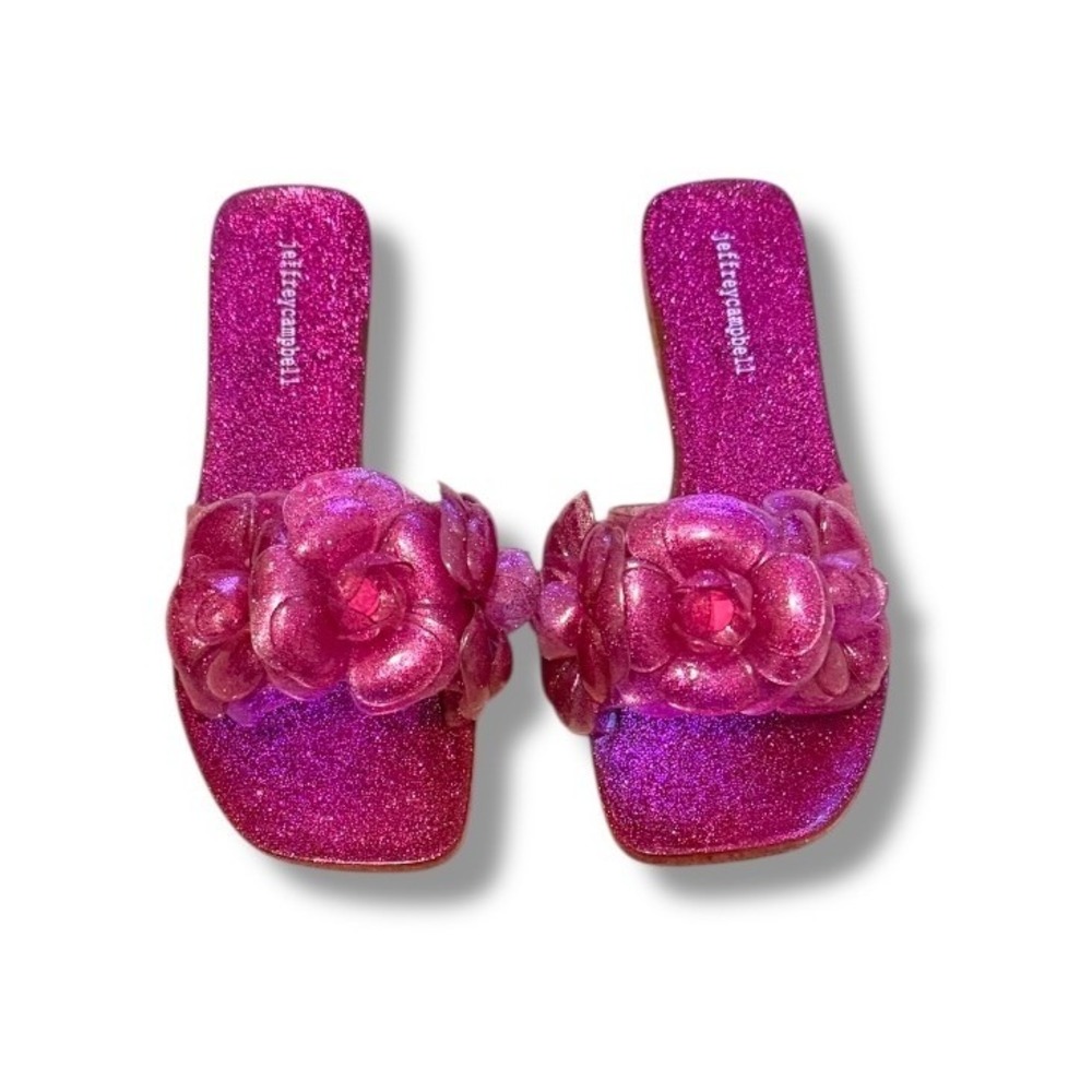 Jeffrey Campbell Flower Slide Sandals Size 8 Pink Glitter Jelly Square Toe Y2K
